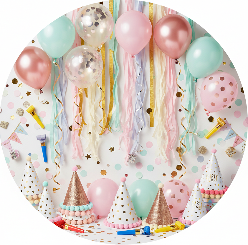 circle photo of party supplies, make a real photo